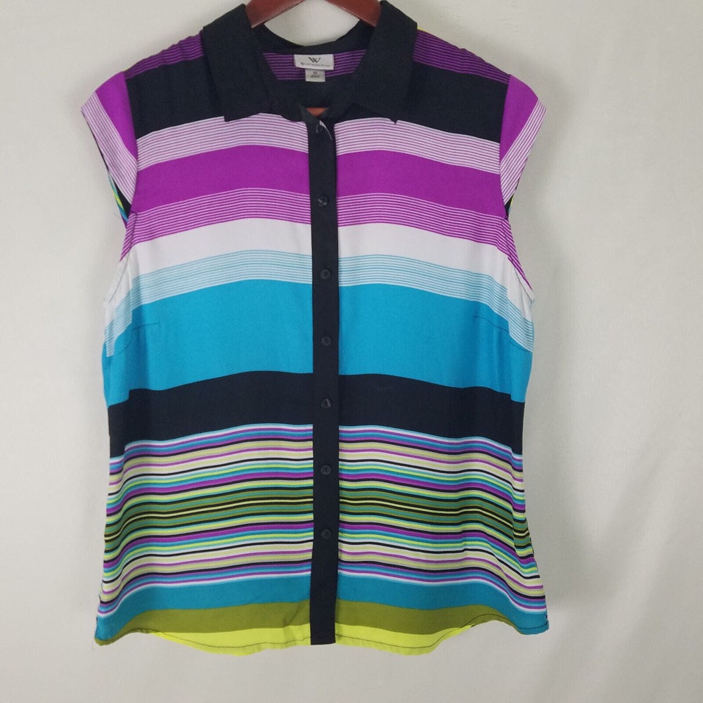 Worthington Shirt Womens Medium Multicolored Top Striped‎ Sleeveless Button Up